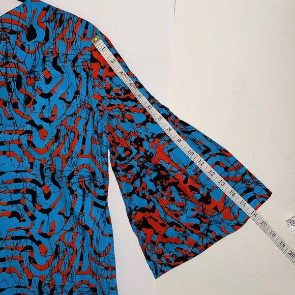 The OULA Company Tie Front Split Neck Dress Blue Orange Print Bell Sleeves S EUC - Picture 8 of 12